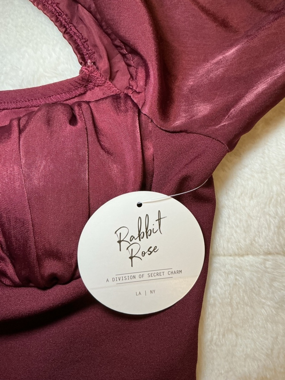 Rabbit Rose Burgundy Satin Bustier Long Sleeve Crop Top - Picture 11 of 12